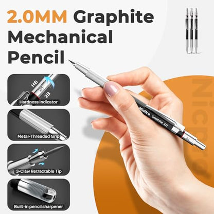 Nicpro 37PCS Art Drawing Supplies Kit, Metal Mechanical Pencil Set 0.5, 0.7, 0.9 & 2mm, 100 Sheets 9x12 Sketch Book, 288PCS Leads, School Supplies Drawing Kit for Artist Adults Teens Kids Sketching - size: 37