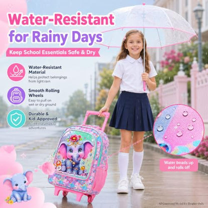 3Pcs Rolling Backpack for Girls, Kids Roller School Backpack with Wheels, Elephant Wheeled Bookbag for Elementary Preschool Kindergarten(Pink) - color: Elephant Pink