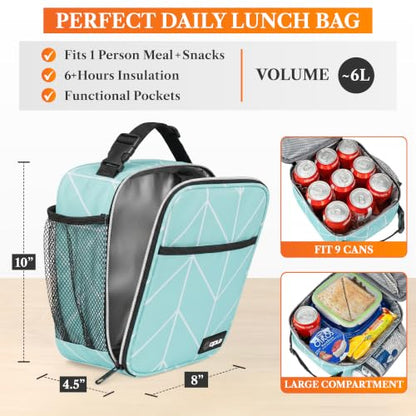 opux Insulated Lunch Bag for Kids Boys Girls, Small Compact Lunch Box with Wide Opening & Mesh Pockets, Reusable Lunch Pail for School, Work, Adults, Men, Women, Teal - color: Teal