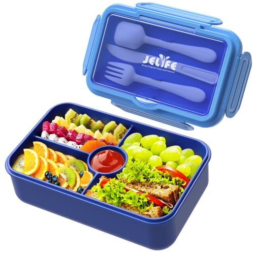Jelife Bento Lunch Box for Kids - Leakproof Large Bento-Style with 4 Compartments Portions Lunchbox with Tableware Back to School, Reusable On-the-Go Meal and Snack Packing, Blue - color: 1100ml-Blue