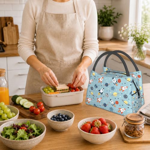Cartoon Rockets Insulated Lunch Bag,Cute Blue Planets Lunch Box for Women,Girls Boys Thermal Insulation Cooler Tote Bag Lightweight for Student School Work Picnic - color: Cartoon Rockets