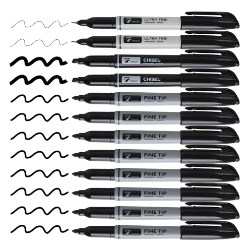 TOWON 12 Black Permanent Markers with Portable Bag - Waterproof Quick Drying Pens Set 8 Fine Tip, 2 Ultra Fine, 2 Chisel Tip Office Home School Supplies for Adults Writing Doodling Marking - color: 12black
