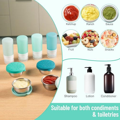 MICEBAY 8-Pack Salad Dressing Container To Go, 2-oz Silicone Small Condiment Squeeze Bottles and 1.6 oz Stainless Steel Sauce Containers Cups, Leakproof Condiment Containers with Lids for Lunch Box - color: Mint, size: 2-oz
