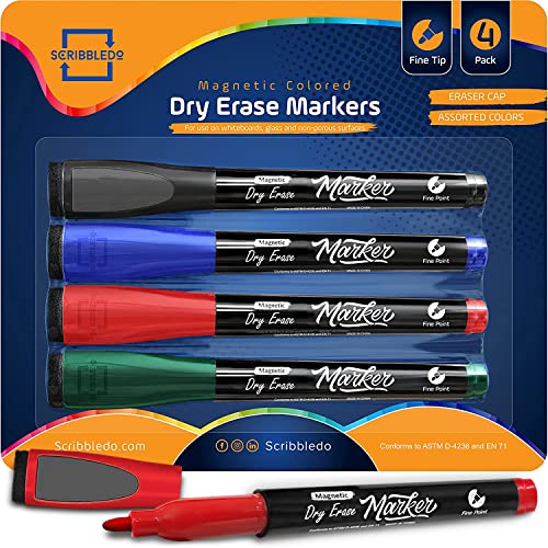 Scribbledo 4 Magnetic Dry Erase Markers Fine Tip Assorted Classic Colors Low Odor Whiteboard Markers with Eraser Cap Thin Skinny White Board Markers for Adults Students Teachers Art Home & School - style: 4 Pack