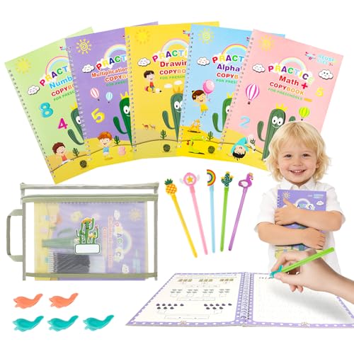 Reusable Grooved Handwriting Practice Workbooks for Kids Ages 3-8 – Magic Disappearing Ink & 3D Groove – Preschool Kindergarten Children Writing Books with Pen Grips