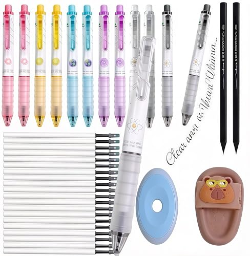 36Pcs Erasable Gel Pens Set, 14 Pens with 12 Erasable Gel cute Pens and 2 Pencils, 20 Refills, 2 Erasers, Cute Design,Make Mistakes Disappear, Premium Comfort Grip for School Supplies