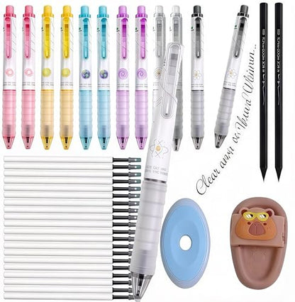 36Pcs Erasable Gel Pens Set, 14 Pens with 12 Erasable Gel cute Pens and 2 Pencils, 20 Refills, 2 Erasers, Cute Design,Make Mistakes Disappear, Premium Comfort Grip for School Supplies