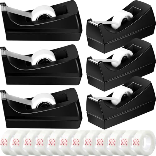 Yahenda 6 Pack Black Desktop Tape Dispenser Non Skid Base with 0.7 x 985 Inches Invisible Tape Refills Bulk Weighted Roll Dispenser for Office Home School - color: Black