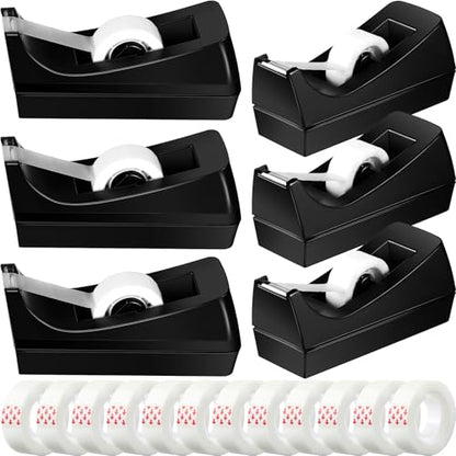 Yahenda 6 Pack Black Desktop Tape Dispenser Non Skid Base with 0.7 x 985 Inches Invisible Tape Refills Bulk Weighted Roll Dispenser for Office Home School - color: Black
