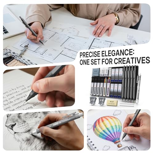 WUO Metal Mechanical Pencil Set, 5-Pack 0.5mm 0.7mm 0.9mm 2.0mm Drafting Pencils with 432 Lead Refills, Precision Eraser Pen, Erasers & Sharpeners for Drawing, Sketching, Writing - color: Grey, size: 0.5/0.7/0.9/2.0