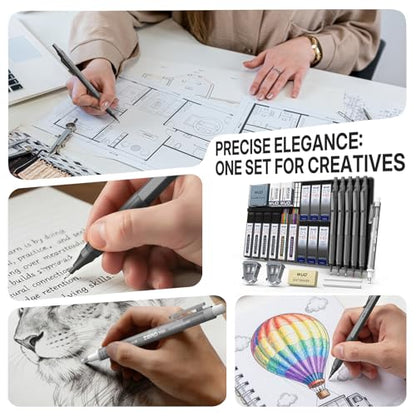 WUO Metal Mechanical Pencil Set, 5-Pack 0.5mm 0.7mm 0.9mm 2.0mm Drafting Pencils with 432 Lead Refills, Precision Eraser Pen, Erasers & Sharpeners for Drawing, Sketching, Writing - color: Grey, size: 0.5/0.7/0.9/2.0