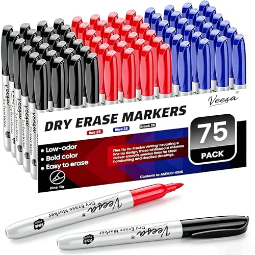 VEESA Dry Erase Markers Fine Tip, Black Red Blue, 75 Count | Low-Odor, Back to School Supplies, Office Series - color: Multicolor