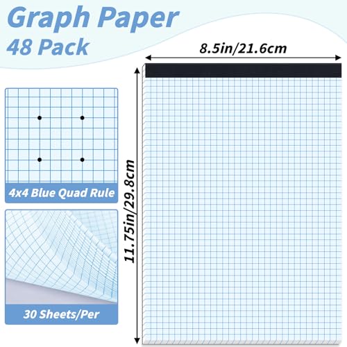 48 Pack Graph Paper Pad 8.5 x 11, 4x4 Graph Ruled, Grid Paper Pad 8-1/2" x 11", Blueprint Quadrille Pad, Easy Tears Off, Cardboard Backing - Grid Pad Notebook, White 80 GSM Graph Paper, 30 Sheets/Pad - size: 8.5x11inch