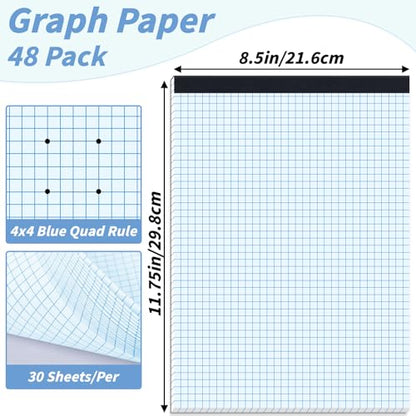 48 Pack Graph Paper Pad 8.5 x 11, 4x4 Graph Ruled, Grid Paper Pad 8-1/2" x 11", Blueprint Quadrille Pad, Easy Tears Off, Cardboard Backing - Grid Pad Notebook, White 80 GSM Graph Paper, 30 Sheets/Pad - size: 8.5x11inch