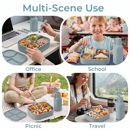 Silicone Bento Box Set for Kids with 15.2oz Straw Water Bottle, 4-Compartment Lunch Box, Kids Spoon & Fork | BPA-Free, Food-Grade, Microwave & Dishwasher Safe for Travel, School.