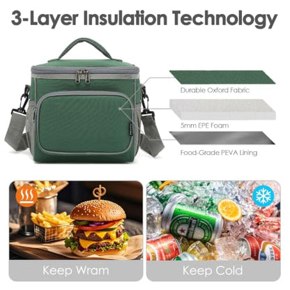 FlowFly Insulated Reusable Lunch Bag Adult Large Lunch Box for Women and Men with Adjustable Shoulder Strap,Front Zipper Pocket and Dual Large Mesh Side Pockets,ArmyGreen - color: ArmyGreen