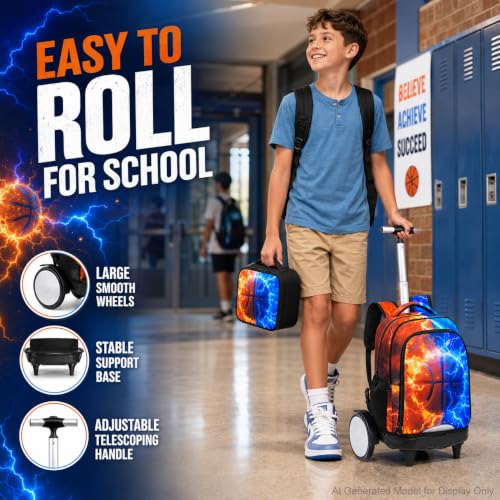 AGSDON Quiet Rolling Backpack with Lunch Box Set – Large‑Wheel Water‑Resistant Wheeled Bag for School, Outings, and Travel | Fire-Lightning Basketball 3‑Piece Organizer Backpack - color: Big Wheel Roller Bookbag Fire-lightning Basketball