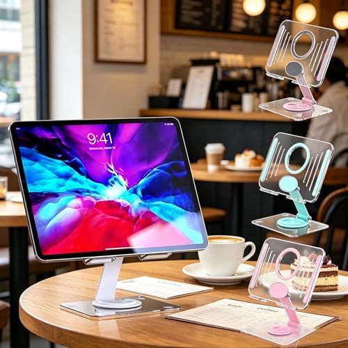 Adjustable Transparent Tablet Stand,360° Rotating Desktop Holder with Foldable Arm,Ergonomic Tablet Mount for Desk,Black/White/Pink/Green Randomly Shipped