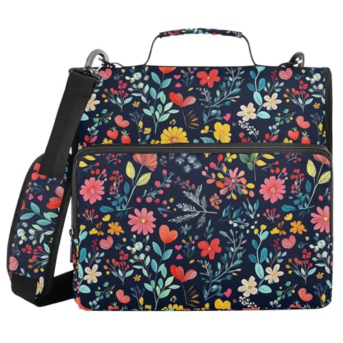 Colorful Wildflorals in Black Zipper Binder 3 Ring Binder with Zipper 1.5 Inch Shoulder Strap & Handle Binders Organizer Bag - color: Colorful Florals in Black
