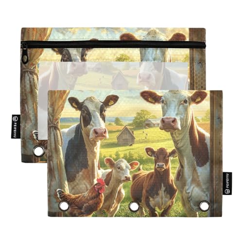 MCHIVER Cows Chicken Farmhouse Pencil Pouch for 3 Ring Binder Pencil Pouches with Zippers Clear Window Binder Pockets Pencil Bags for Office Work Daily Organzier 2 Packs - color: Cows Chicken Farmhouse
