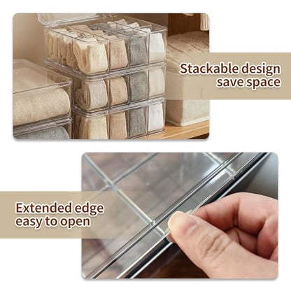 Socks Underwear Drawer Organizer, 16 Compartment Clear Plastic Storage Box with Lid & Adjustable Dividers, Tie Box, Tea Bag Organizer, Acrylic Organizer Box (12x10x3.9 Inch)