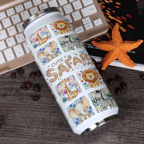 Cute Safari Pal 14oz Stainless Steel Tumbler with Lid & Straw-Double Wall Vacuum Insulated Travel Mug Cute Giraffes Elephants Flowers Check Water Bottle Coffee Beverage Drinks Cup - size: 14 Ounces