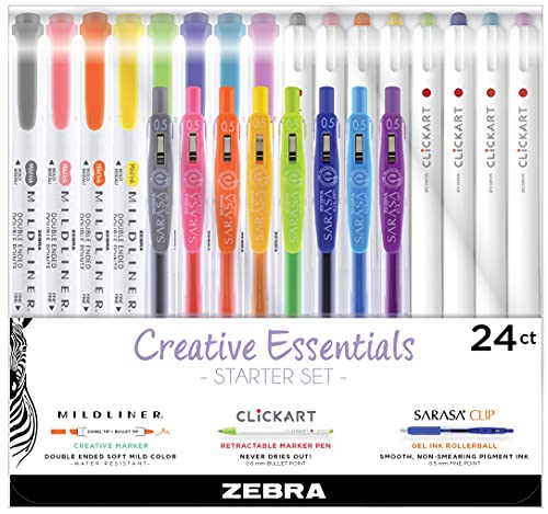 Zebra Pen Creative Essentials Starter Set 24-Pack, Includes 8 Mildliner Highlighters, 8 CLiCKART Markers and 8 Sarasa Clip Retractable Gel Pens, Assorted Ink Colors, Ideal For Journaling (76024) - style: Essentials Starter Set