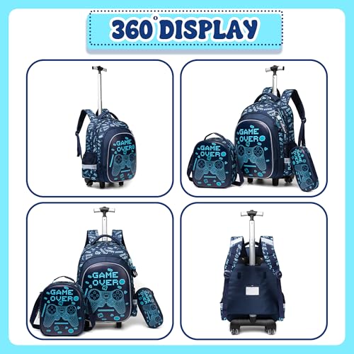 Meetbelify Boys Rolling Backpack with Wheels Kids Luggage for Elementary Students Trolley Trip Carry On Bag for Girls Boys 6-8 - color: Boy Game