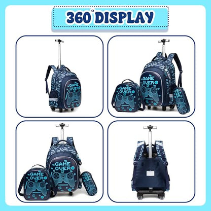 Meetbelify Boys Rolling Backpack with Wheels Kids Luggage for Elementary Students Trolley Trip Carry On Bag for Girls Boys 6-8 - color: Boy Game