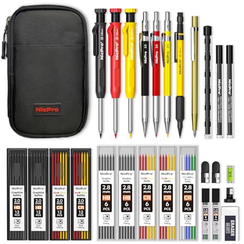 Nicpro 28 Pack Carpenter Pencil Set with Sharpener, Mechanical Carpenter Pencils with 127PCS Refills and Carbide Scribe Tool, Heavy Duty Construction Pencils for Architect Woodworking-With Canvas Case - size: 28 Pack