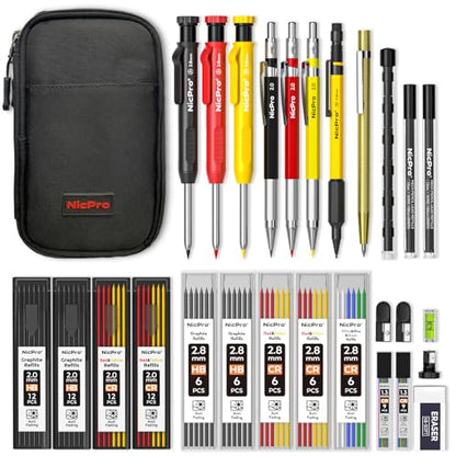 Nicpro 28 Pack Carpenter Pencil Set with Sharpener, Mechanical Carpenter Pencils with 127PCS Refills and Carbide Scribe Tool, Heavy Duty Construction Pencils for Architect Woodworking-With Canvas Case - size: 28 Pack