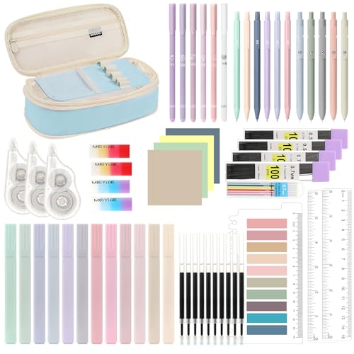MoKo Pencil Case with Supplies, 60Pcs Aesthetic School Set, Blue | Includes highlighters, gel and ballpoint pens, mechanical pencils, refills, sticky notes, correction tapes and rulers. - color: Blue-60P