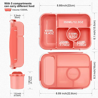Amathley Bento Box Adult Lunch Box Kids,Lunch Containers for Adults/Kids/Toddler,5 Compartments Bento Lunch Box with Sauce Vontainers,Microwave & Dishwasher & Freezer Safe,BPA-Free (Pink) - color: Pink