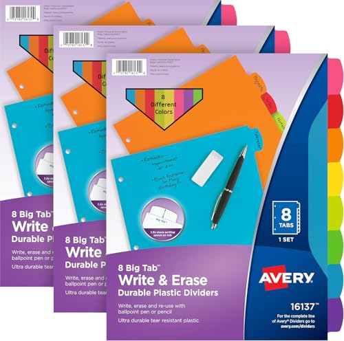 Avery Write & Erase 8 Tabs Plastic Divider for 3 Ring Binders, 3 Sets | 8 Colored Durable Binder Dividers Tabs, Perfect for Notes, Handouts, and Files, Works with Sheet Protectors