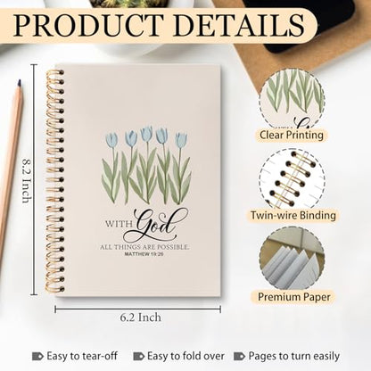 huester Christian Tulip Floral Notebook Journal, with God All Things Are Possible Bible Verse Journal for Women, Religious Notebooks for Note Taking, Bible Hardcover Spiral Notebook, 5.5x8.3 Inch - color: Christian07