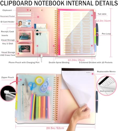Foldable Spiral Clipboard Folio with Storage Zipper Pouch, 5 Plastic Folders with Pockets,Refillable Lined Notepad (8.5" x 11"), Hardcover Project Organizer with 36 Stickers - color: 2-rose Golden