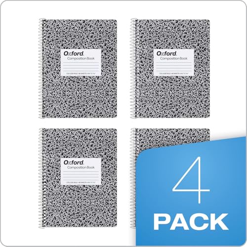 Oxford Spiral Composition Notebooks, 4 Pack, College Ruled Paper, 9-3/4 x 7-1/2 Inches, 80 Sheets, Black Marble Cover (64951)