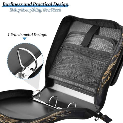 Gold Owl Zipper Binder 3 Ring with Shoulder Strap and Handle Multiple Pockets Expanding File Folder Organizer
