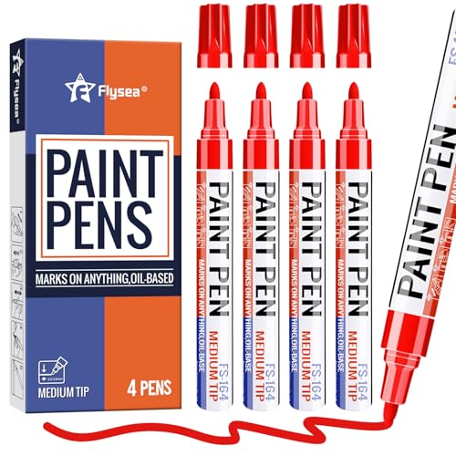 Red Paint Pens Permanent Marker Pen 4 Pcs Waterproof Oil Based Paint Markers 3mm Medium Round Tip Quick-drying Paint Marker Pens for Rock Painting, Black Paper, Metal, Tyre, Glass, Wood - color: Red