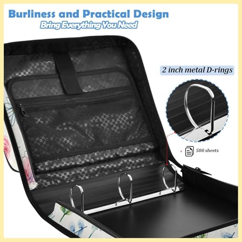 Floral Leaves Zipper Binder with 2 Inch D-Rings Expandable File Portfolio with Shoulder Strap, Waterproof Nylon Organizer for 14" Laptop for Work College Travel