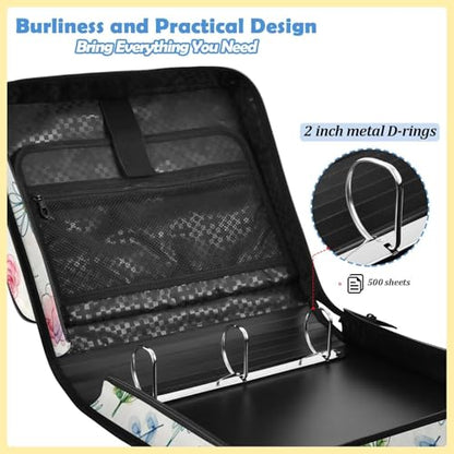 Floral Leaves Zipper Binder with 2 Inch D-Rings Expandable File Portfolio with Shoulder Strap, Waterproof Nylon Organizer for 14" Laptop for Work College Travel