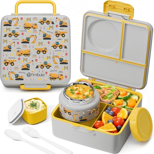 Fimibuke Bento Lunch Box for Kids Adult, 3-4 Compartment 60OZ Toddler Lunch Box Container with Leakproof 8OZ Insulated Food Jar, Sauce Jar, Utensil for School Boys Girls, BPA-Free Dishwasher Safe - color: B10.Engineering Trucks