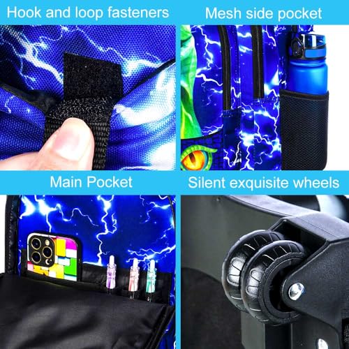 gxtvo 3PCS Kids Rolling Backpack for Boys,Water Resistant Roller Bookbag Set, Cute School Bag with Wheels for Elementary Preschool - Cute Green Dinosaur - color: Lightning Dinosaur Rolling Set