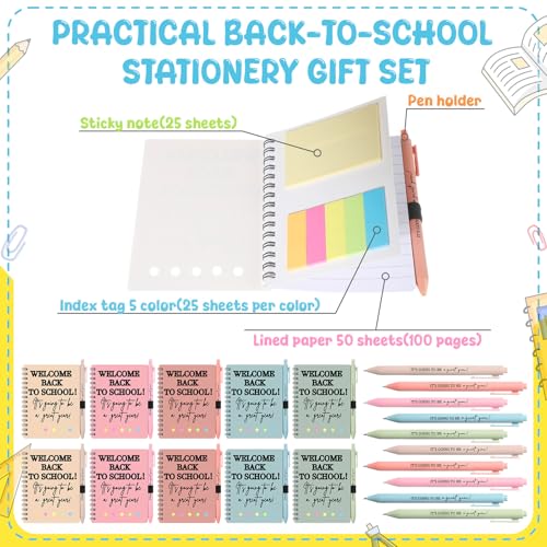 Dunzoom 40 Pcs Welcome Back to School Gifts Bulk Spiral Notebooks with Sticky Notes Motivational Pens First Day of School Notepads Party Favor for Teacher Student Classroom(Simple,Morandi) - style: Bohemian