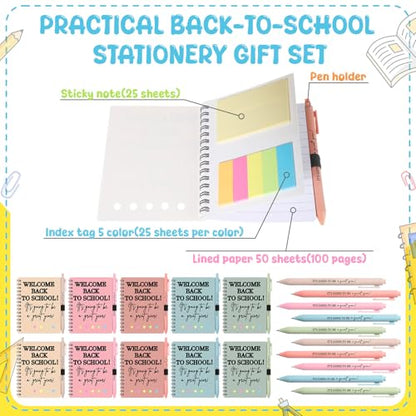 Dunzoom 40 Pcs Welcome Back to School Gifts Bulk Spiral Notebooks with Sticky Notes Motivational Pens First Day of School Notepads Party Favor for Teacher Student Classroom(Simple,Morandi) - style: Bohemian