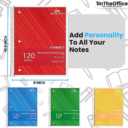 1InTheOffice Spiral Notebook College Ruled 8.5 x 11, 3-Subject College Ruled Notebooks, Wirebound Spiral Notebooks, 3-Hole Punched, 120 Sheets, Black, 4 Pack
