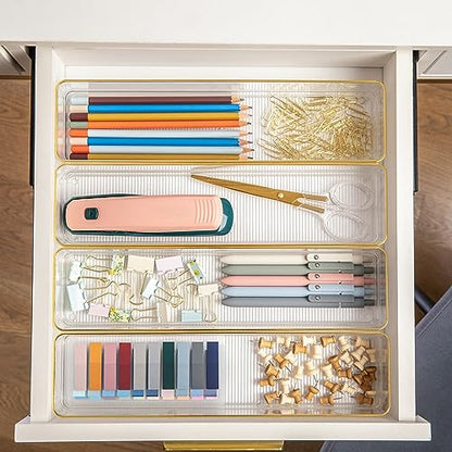 Martha Stewart Kerry Plastic Stackable Office Desk Drawer Organizers, 9" x 3", 8 Pack, with Gold Trim - size: 9" x 3"