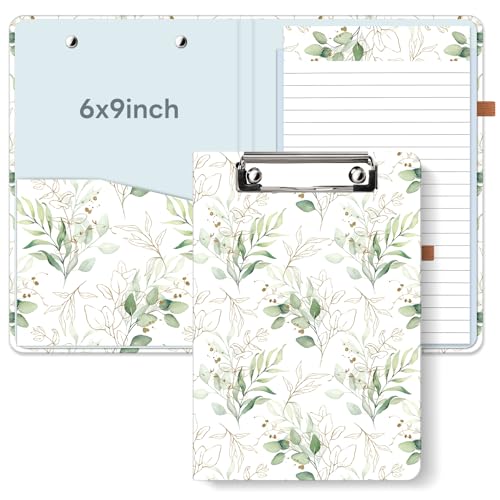 A5 Clipboard Folio with No-Spiral Design, 6x9 in Refillable Notepad Portfolio, 12 Cute Cat & Marble Floral Designs Travel-Friendly for Work, School, Boho-Leaves - color: Boho-leaves