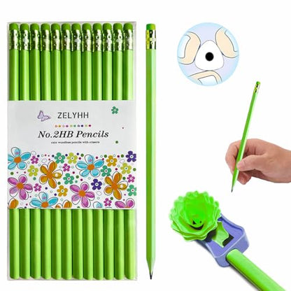 Green Pencils #2 HB with Erasers, Triangle, Flower Shavings, 12 Pack | Triangle Grip for Kids, School and Homework, Drawing and Crafts, Creative Learning, Party Favors, Goodie Bags, Holiday Gifts - style: Green Triangular Pencils