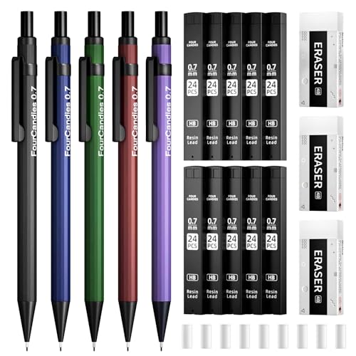 Four Candies Metal Mechanical Pencils 0.7mm, with #2 Pencil Leads 0.7, Eraser Set and Eraser Refills, 19-Count Pack with Case, Back to School Supplies for Writing, Drawing, Sketching - size: 5 Count (Pack of 1), style: 0.7mm